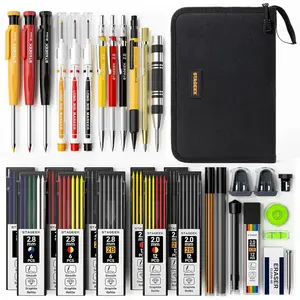 34PCS Carpenter Pencils with Sharpener, Mechanical Pencil Set with Deep Hole Long-Nib Marker Pens, Carbide Scribe Tool & Construction Pencils for Architect Woodworking with Case