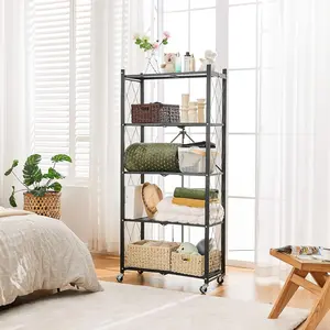 4 Tier Foldable Storage Shelves with Wheels, Large Capacity Shelving Unit, Freestanding Metal Wire Shelf Rack, No Assembly Organizer Rack for Garage Kitchen, Basement, Pantry(Black) utility basket carbon steel lock workshop organization movable storage ra