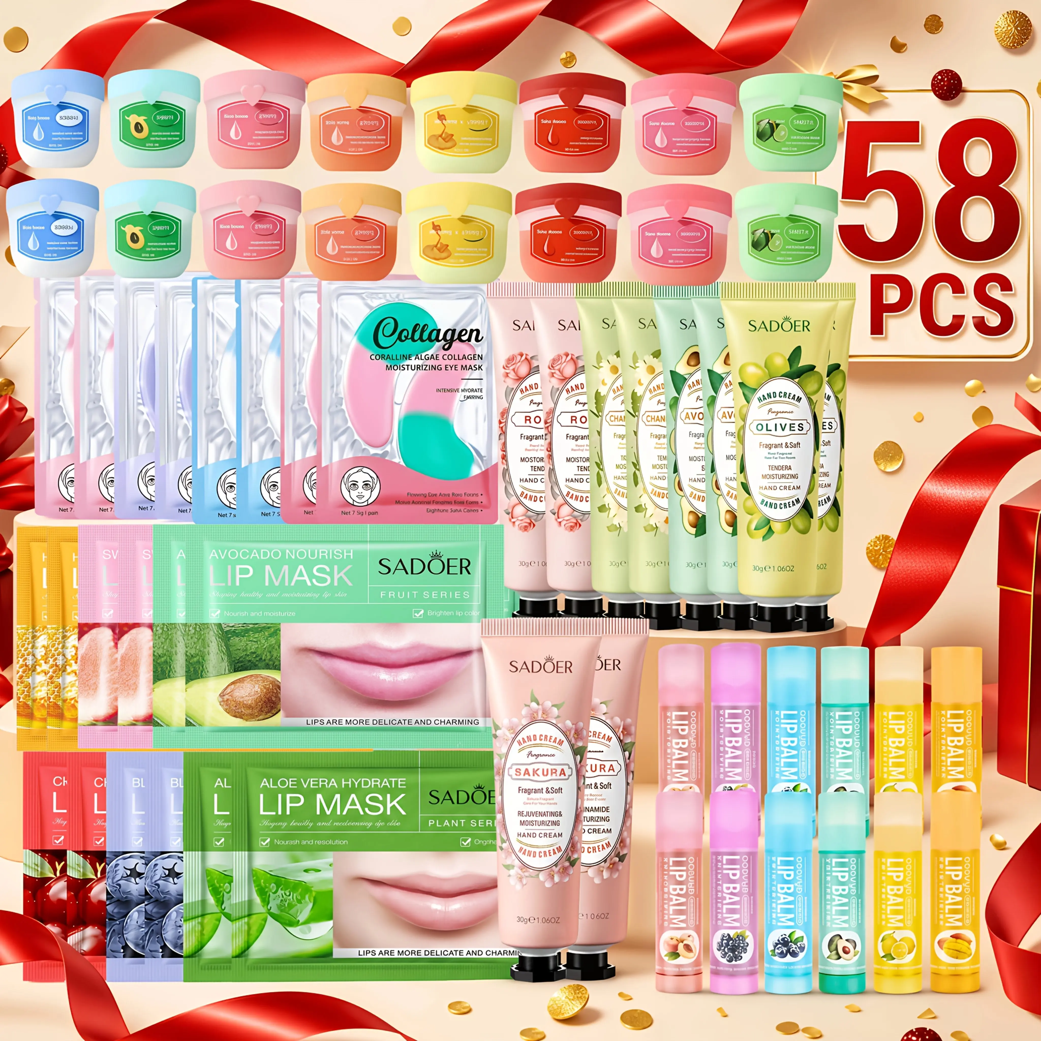 Unisex 58-Piece Facial Care Gift Pack - Hyaluronic Acid & Glycerin, Deep Hydrates All Skins, Includes Eye Masks & Lip Masks for Face/Lips/Eyes Nourishment, Holiday Gift Option