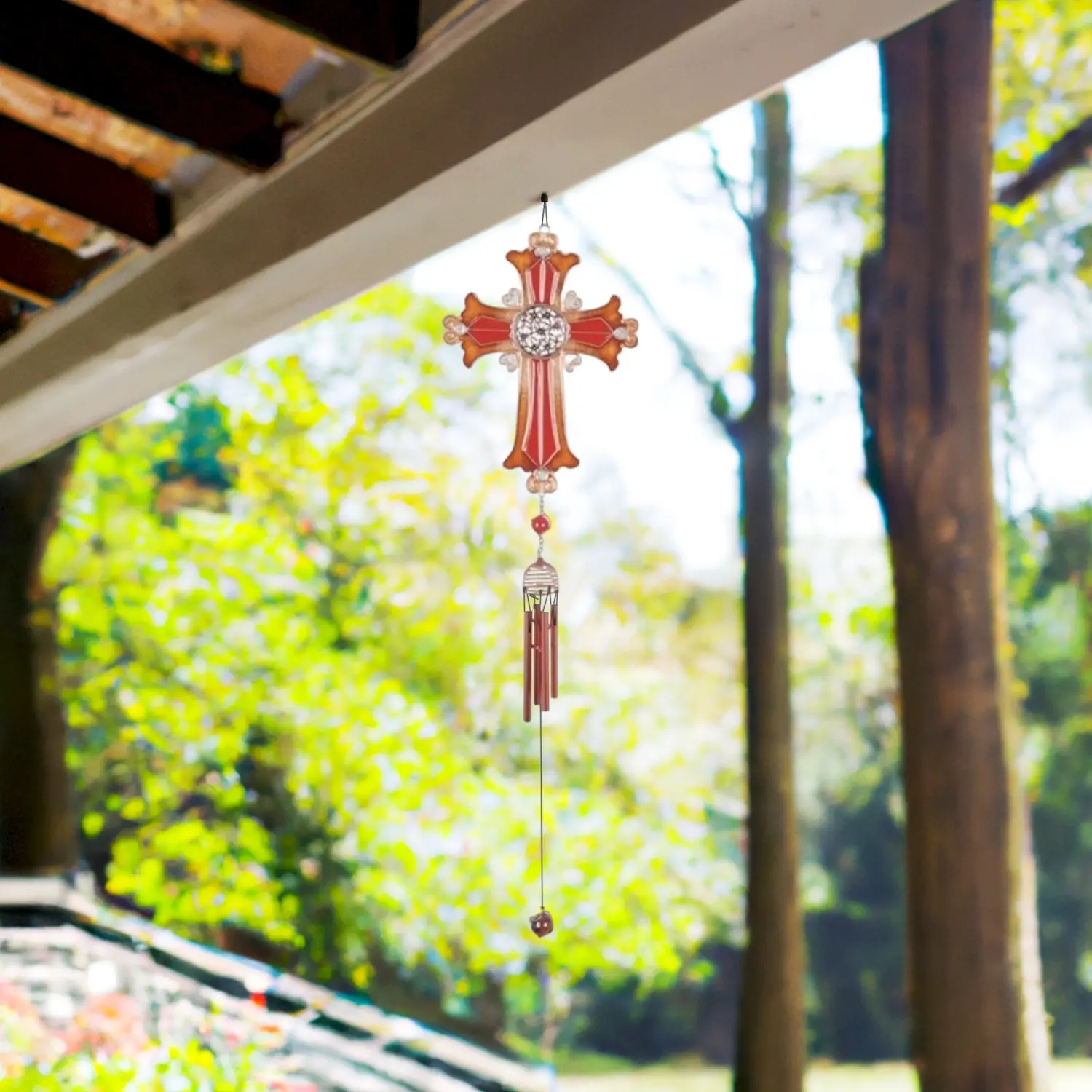 33" Long Brown Cross Wind Chime with Copper Gem