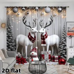 2D Flat 2Pcs Christmas Reindeer Curtains Winter Holiday Decor Red Plaid Scarf White Deer Snowman Ornaments Silver Balls Snowflake Pattern Rod Pocket Drapes for Living Room Bedroom Window Treatment Home Festive Decoration Party Decoration Supplies