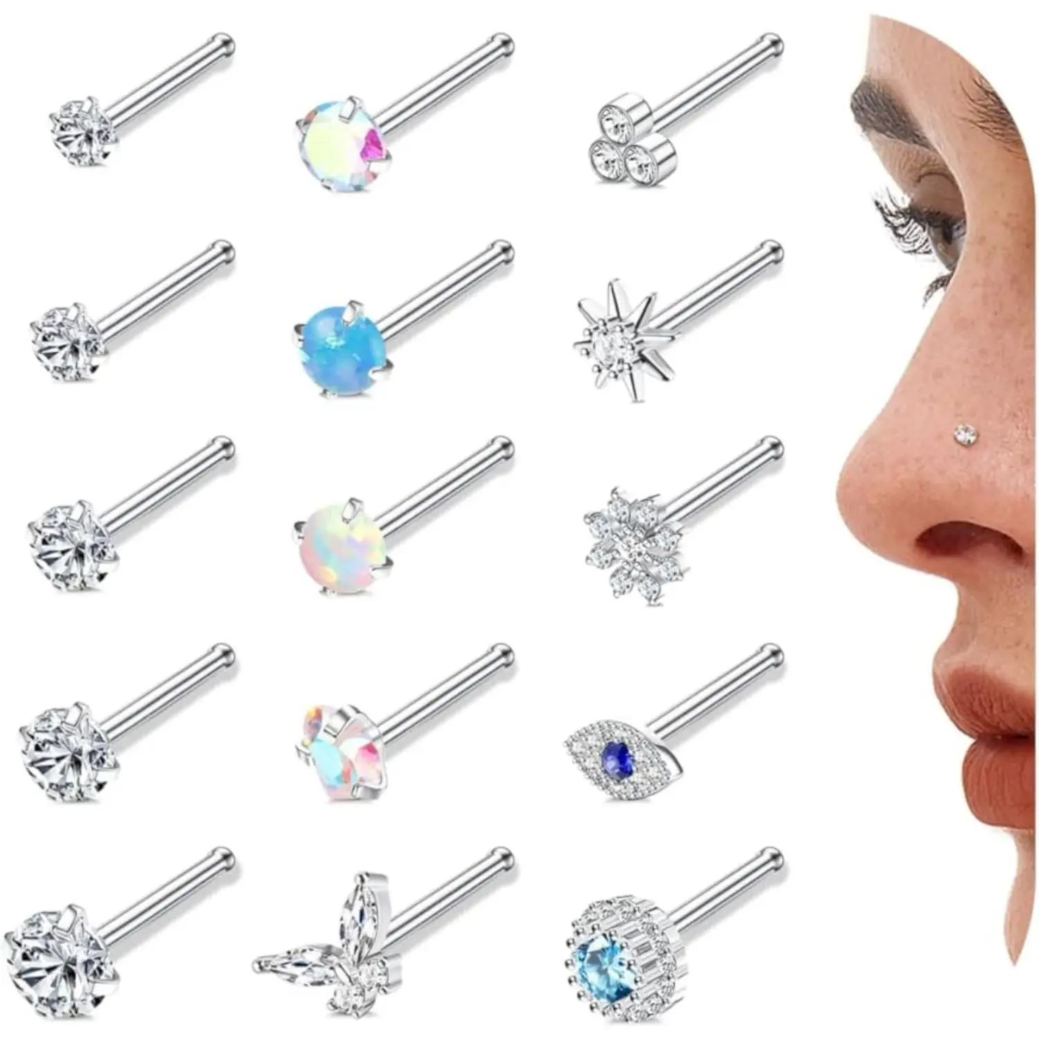 Silver-15Pcs Straight Nose Stud