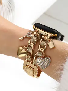 1PC Metal Thin Leather Rope Double Heart Lock Core Smart Strap, Smart Watch Straps, Compatible with Apple Watch Series Ultra/SE/11/10/9/8/7/6/5/4/3/2/1 and 38/40/41/42/44/45/46/49mm, (Strap only, watch/case not included)