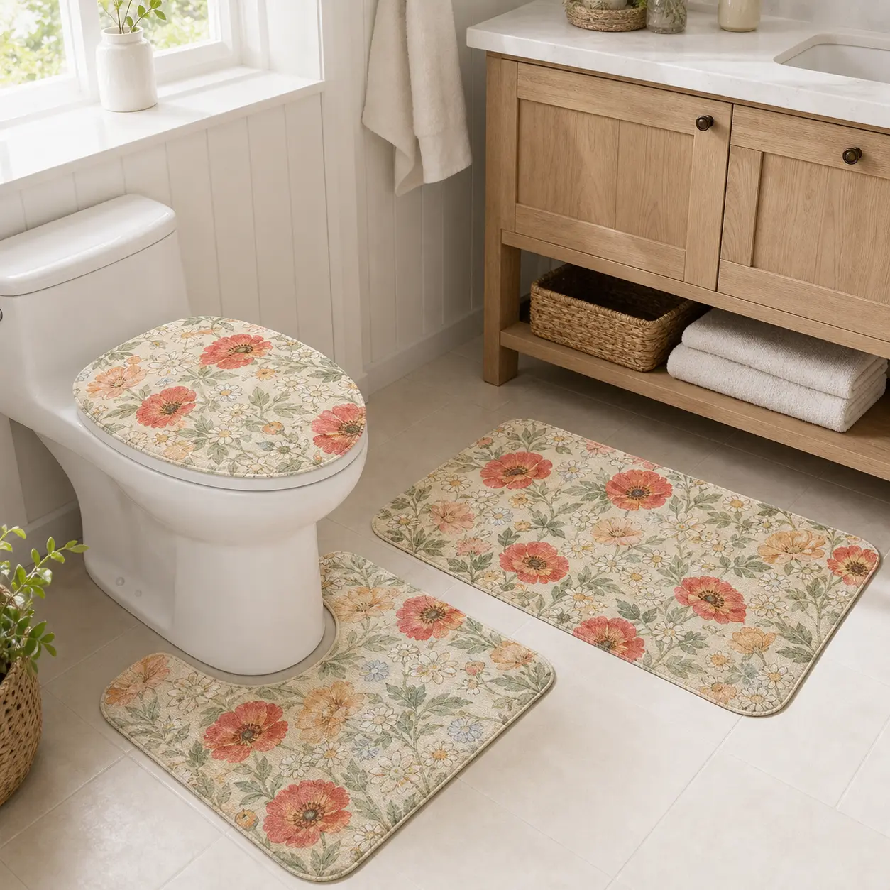 3 Piece Coral Floral Bathroom Rug Set, Matching Watercolor Bath Mat, U-Shaped Toilet Rug & Lid Cover, Soft Absorbent Non-Slip Machine Washable, Customizable Design
