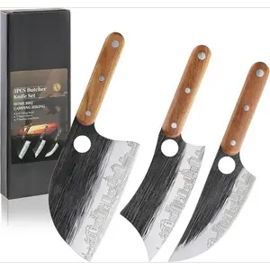 3PCS Butcher Knives, Premium Stainless Steel Butcher Knife Set with Wooden Handle, 7" Butcher Knife, 7" Serbian Chef Knife and 6.5" Viking Knife, Gift Box (Unique Finger Hole and Pattern) Meat Blade
