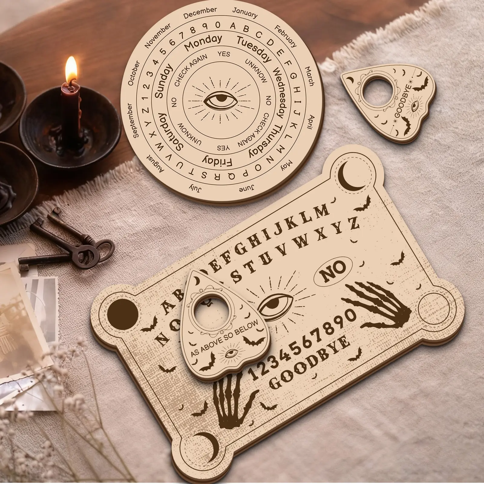 4-Piece Divination Board & Mystery Energy Instrument Set, Vintage Fortune-Telling Tools, Wooden Witchcraft Altar, Desktop Meditation Decor, Farmhouse Style Wood Ornaments, Spiritual Decor