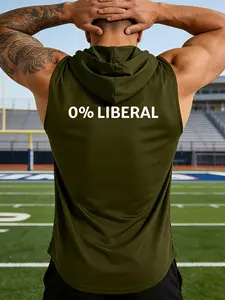 0% Liberal Slogan Back Print Men's Hooded Sleeveless Fitted Athletic Sports Vest, Gym Workout Tops, Attitude Style Daily Wear, Gift for Patriotic Enthusiasts / Father's Day / Holidays, Suitable for Commute / Casual