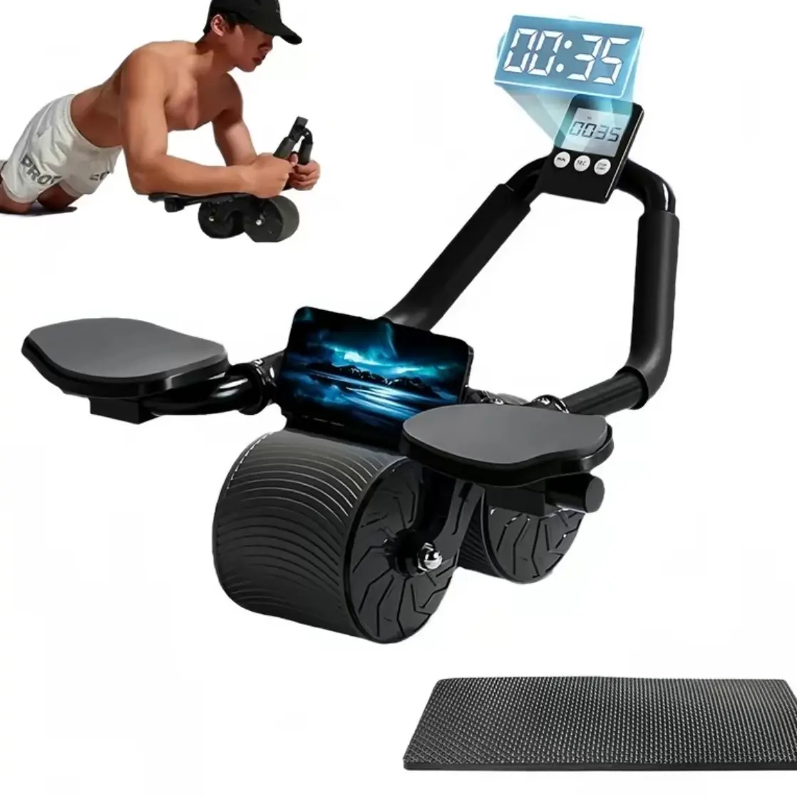 Ab Roller Wheel - Auto Rebound Core Training Fitness Equipment with Digital Timer and Phone Holder