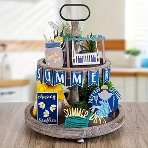 Summer Themed Tiered Tray Decor, 12pcs/set Wooden Summer Themed Tiered Tray Ornament, Desktop Decoration for Home Living Room Bedroom