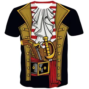 Unisex Pirate Costume Print T-Shirt with Ruffled Shirt, Sword, Pistol & Gold Details – Ideal for Halloween, Pirate Themed Parties, Cosplay & Nautical Events