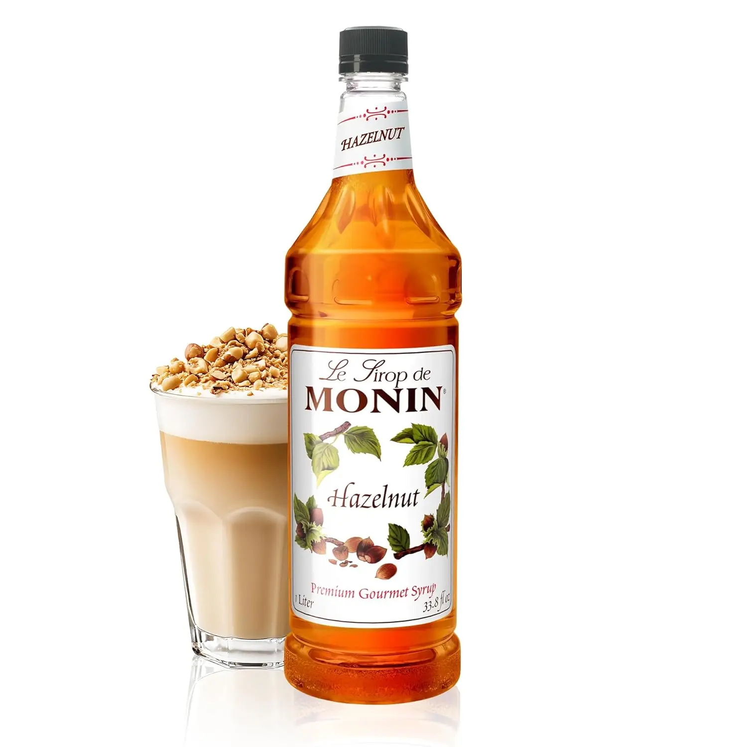 Monin - Hazelnut Syrup, Nutty Taste of Caramelized Hazelnut, Natural Flavors, Great for Mochas, Lattes, Smoothies, Shakes, and Cocktails, Non-GMO, Gluten-Free (4× 1 Liter)