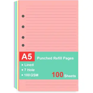 7-Hole Lined Refills Paper, A5 Filler Paper for Planner Inserts, A5 Loose Leaf Paper, 5 Colors(20 Sheets/C), 100 Sheets/200 Pages, College Ruled, 5.5 X 8.5 Inch