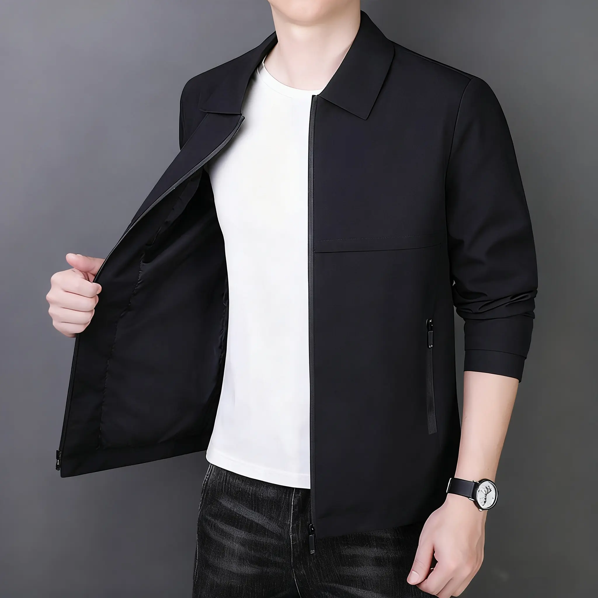 Men's Casual Lapel Jacket, Versatile Long Sleeve Outerwear in Stylish Solid Black with Zippered Pockets, Longsleeves