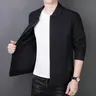 Men's Casual Lapel Jacket - Men's Clothing, Solid Black Textured Woven Fabric, Long Sleeves, Zippered Pockets, Everyday Wear