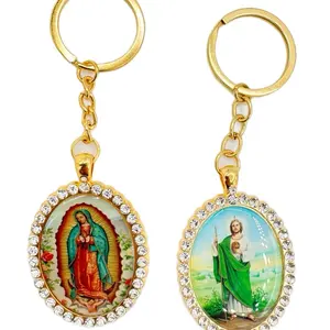 St Jude & Virgen Mary Keychains - 12pcs Round Design with Free Bags for Baptism Quinceañera Communion Favors Faithful Gifts