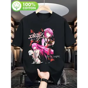 Vintage Y2K-Inspired 180g 100% Cotton Sports Top, Casual Crew-Neck Anime Print Shirt with Comic-Book Motifs, Japanese Text, Pink-Haired Elf, Ideal Seasonal Gift