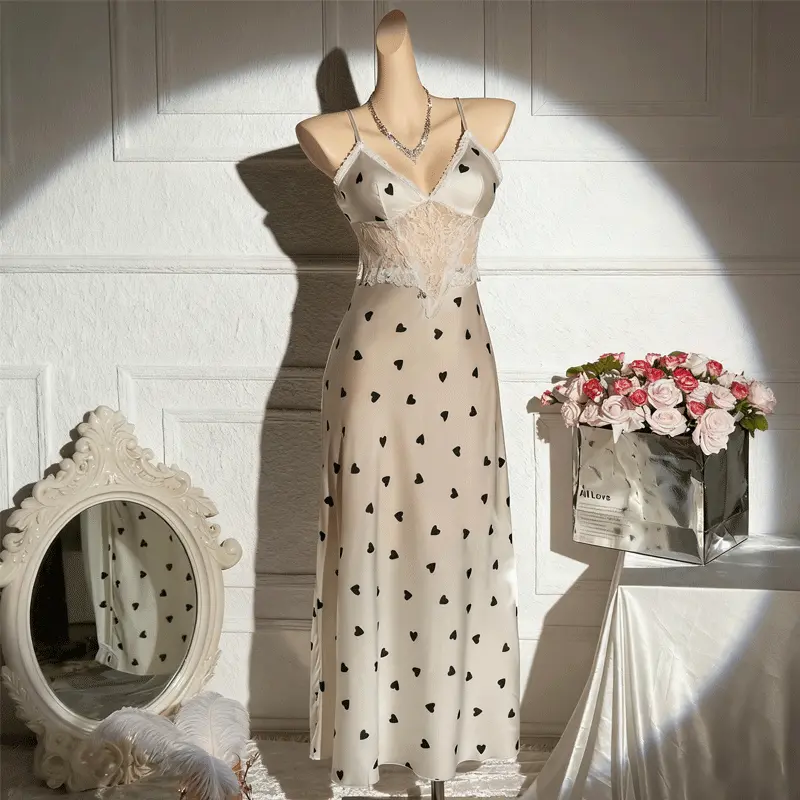 Luxury Silky Nightwear dress, Hear-print Long White Dress Pefect for most Occasions and all Seasons Women's la perla nightwear Glam Lounge Wear Sleeveless Nightgown