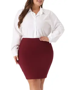 Agnes Orinda Plus Size High Waist Stretch Office Work Bodycon Pencil Skirt Burgundy