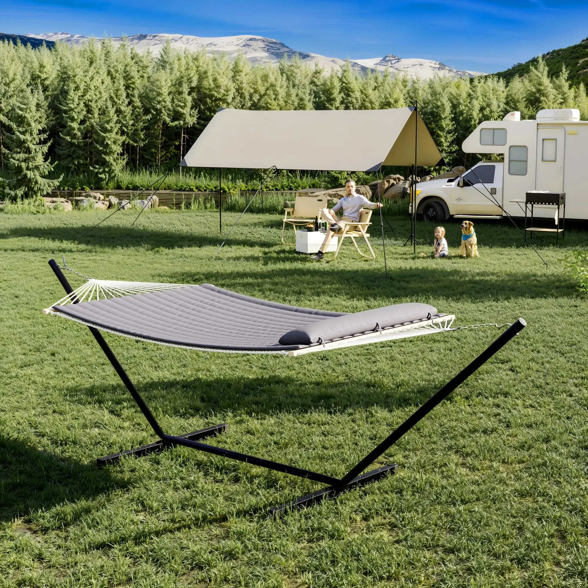 2-Person Freestanding Double Rope Hammock Stand Set, Heavy Duty Cotton Rope Hammock with Hardwood Spreader Bars, Reversible Quilted Pad, 475 lbs Capacity, Easy Assembly for Patio Garden, Gray, Double Rope Hammocks