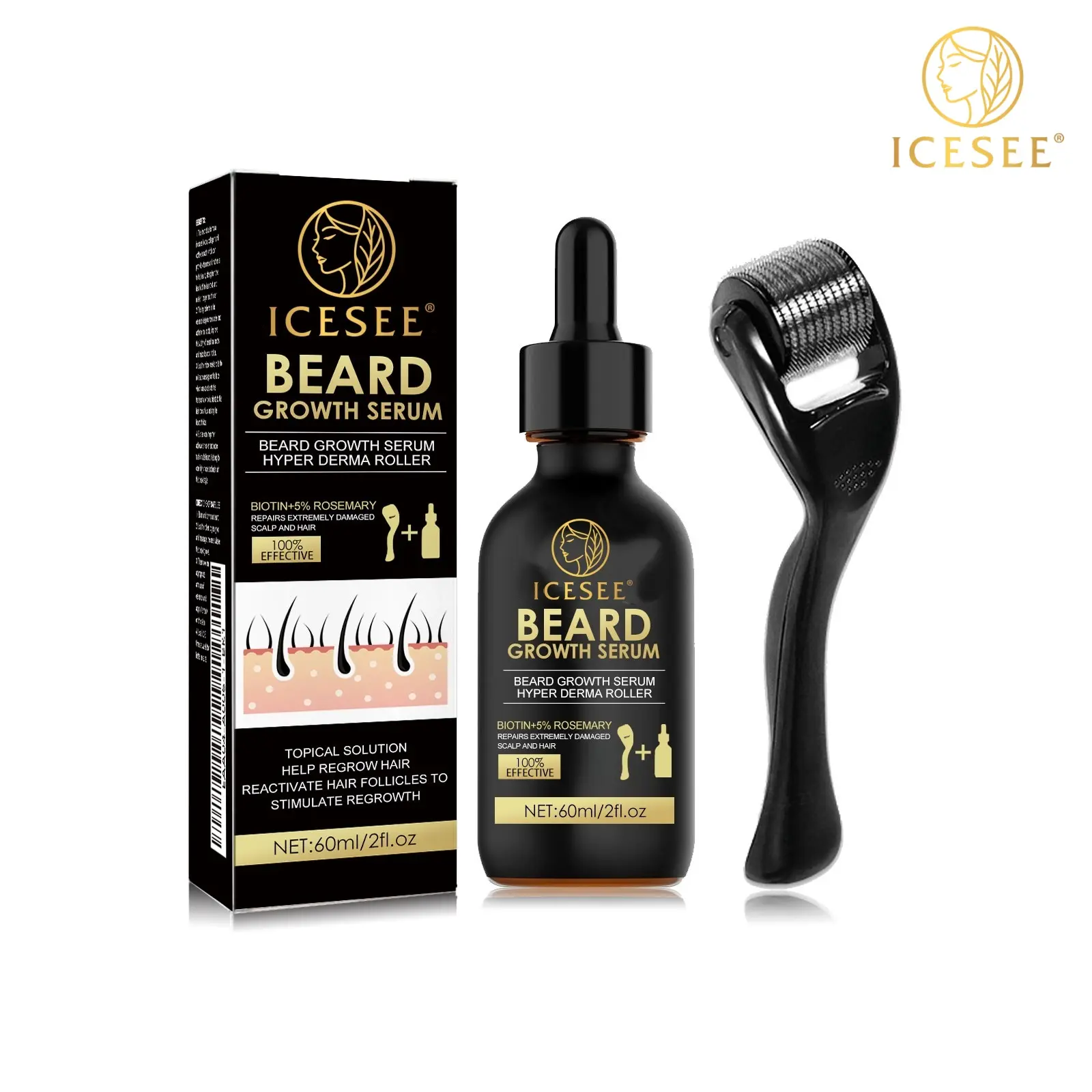 ICESEE Beard Growth Kit - 0.25mm Derma Roller + Biotin Serum for Thicker Fuller Beard & Hair, Perfect Men’s Grooming Gift-B