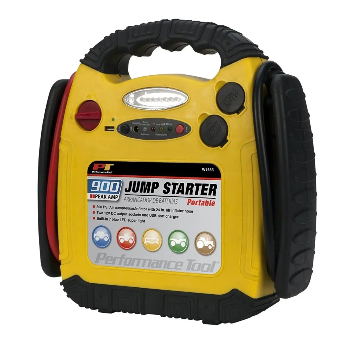 Perform Tool W1665 12V 900A Automatic Portable Jump Starter with Inflator, On/Off Safety Switch, Automatic Power Off, Safety Alerts for Car Jump Starting