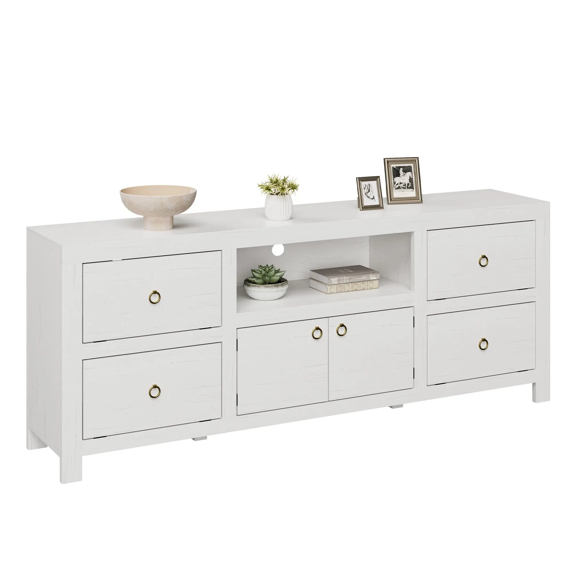 【GARVEE】Farmhouse TV Stand for 75/80 Inch Screens, Long Entertainment Center with 6 Storage Drawers and Soundbar Shelf, White Television Console for Living Room and Bedroom