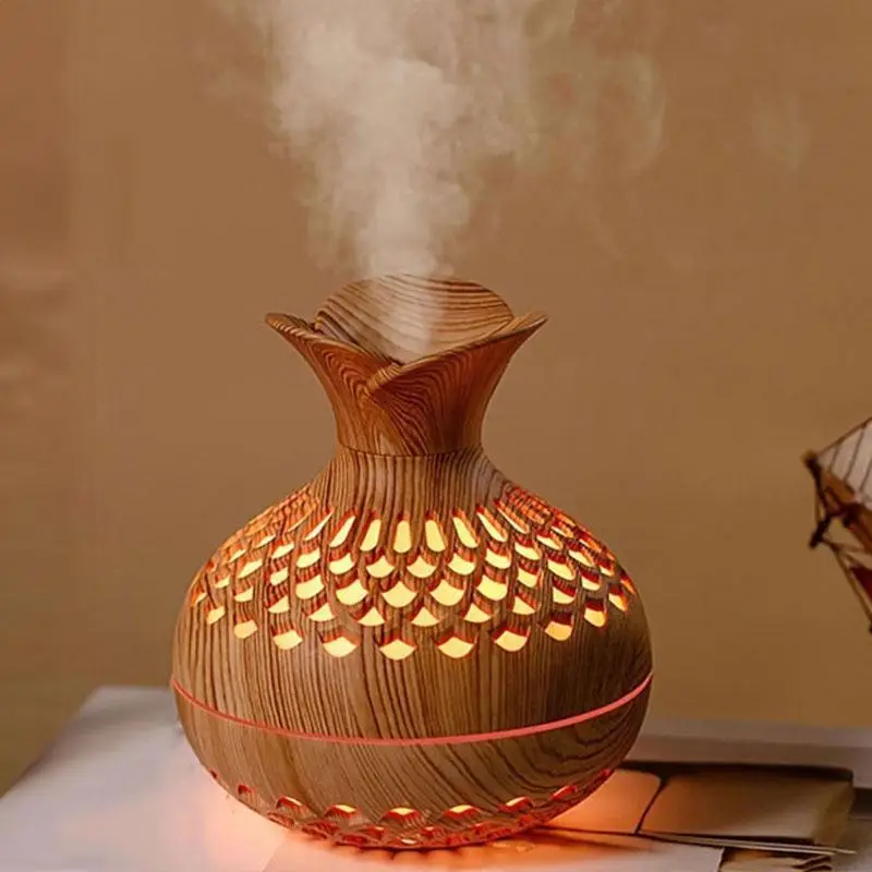USB Powered Hollow Flower Design Air Humidifier for Bedroom, Wood Pattern Aromatherapy Machine with LED Light, Portable Mini Maker For Home & Office