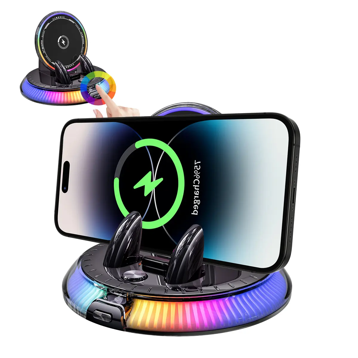 360° Rotating Wireless Charging Car Phone Mount with RGB Ambient Light – Ultra Stable Dashboard Phone Holder, Strong Adhesive Up to 44lbs, Reusable Washable Nano Gel Base, for Car Navigation & Hands-Free Use