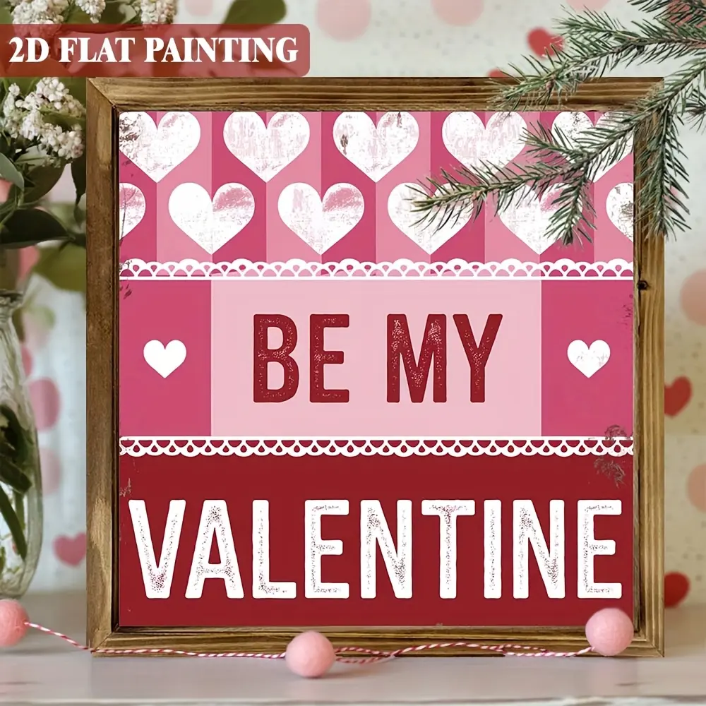 1pc 2D Flat Romantic Wooden Sign - 'Be My Valentine', 8.0x8.0in Vintage Farmhouse Glam Home Decor for Wardrobe, Study, Kitchen, Thoughtful Daily Holiday Gift