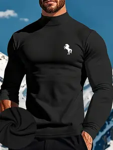 Men's Mock Neck Fitted Long Sleeve Shirt - Premium Stretch Base Layer, Embroidered Horse Logo Animal Casual Thermal Top, Slim Fit Business Casual Undershirt, Warm Breathable T-Shirt for Fall Winter, Versatile Innerwear & Outerwear Gift for Him