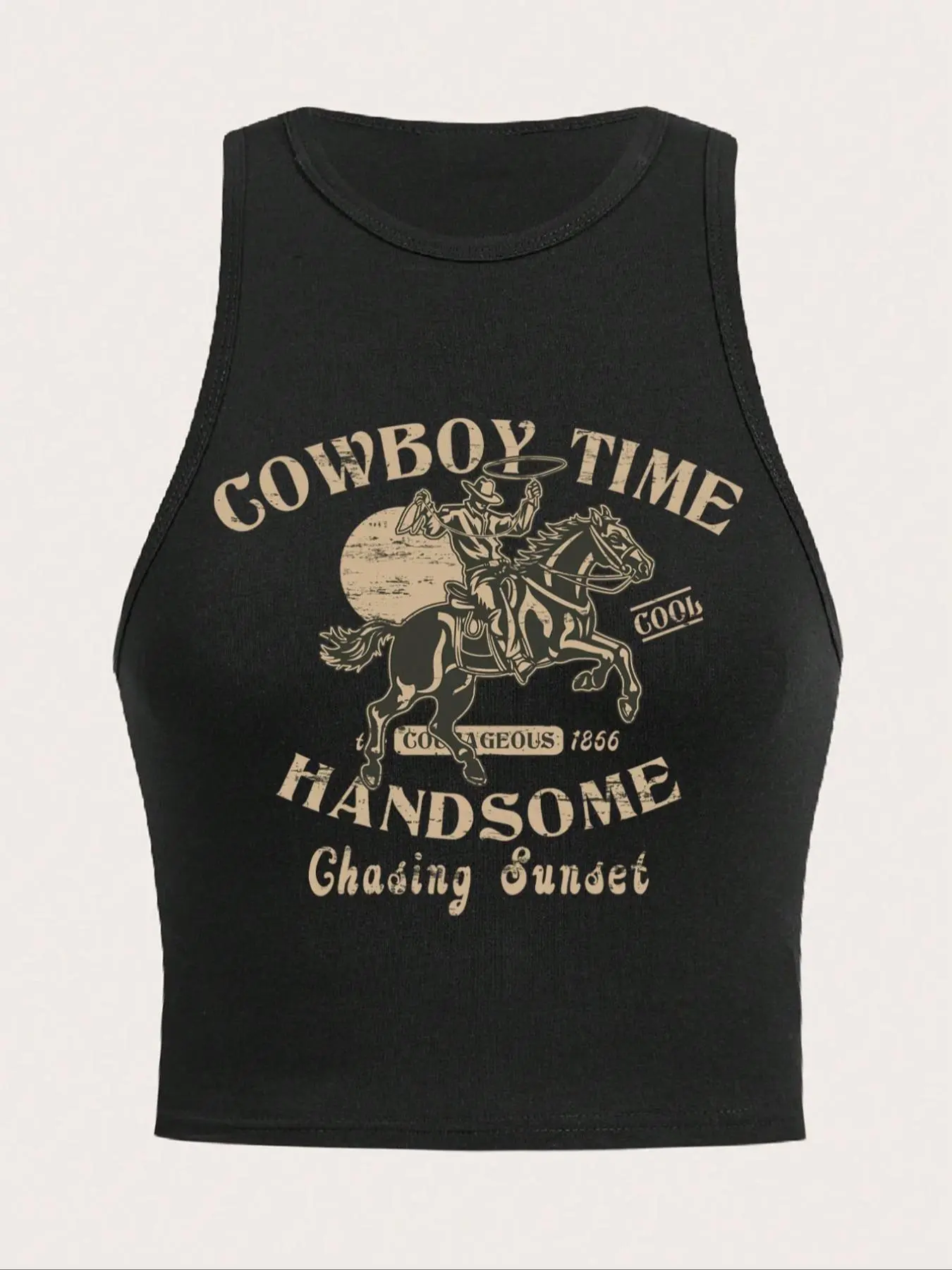 Women's "Cowboy Time" Slogan Print Round Neck Tank Crop Top, Casual Comfy Sleeveless Cropped Top for Daily Wear, Casual Top for All Seasons, Casual Fashion Sleeveless