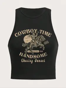 Women's "Cowboy Time" Slogan Print Round Neck Tank Crop Top, Casual Comfy Sleeveless Cropped Top for Daily Wear, Casual Top for All Seasons, Sleeveless Tank Tops
