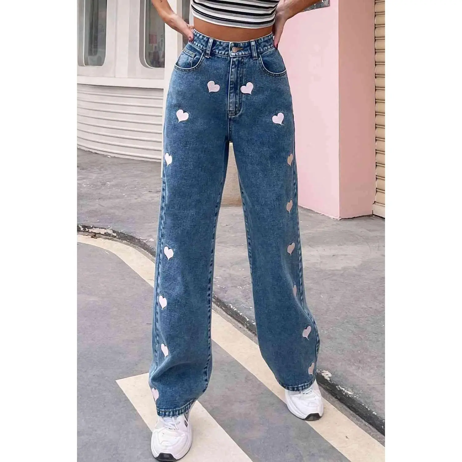 Heart Print Buttoned Jeans