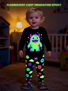 Cute Monster Pattern Long Sleeve T-Shirt + Fun Print Pants Set, Tight Fit Baby Toddler, Kids Fashion Clothing Outfit
