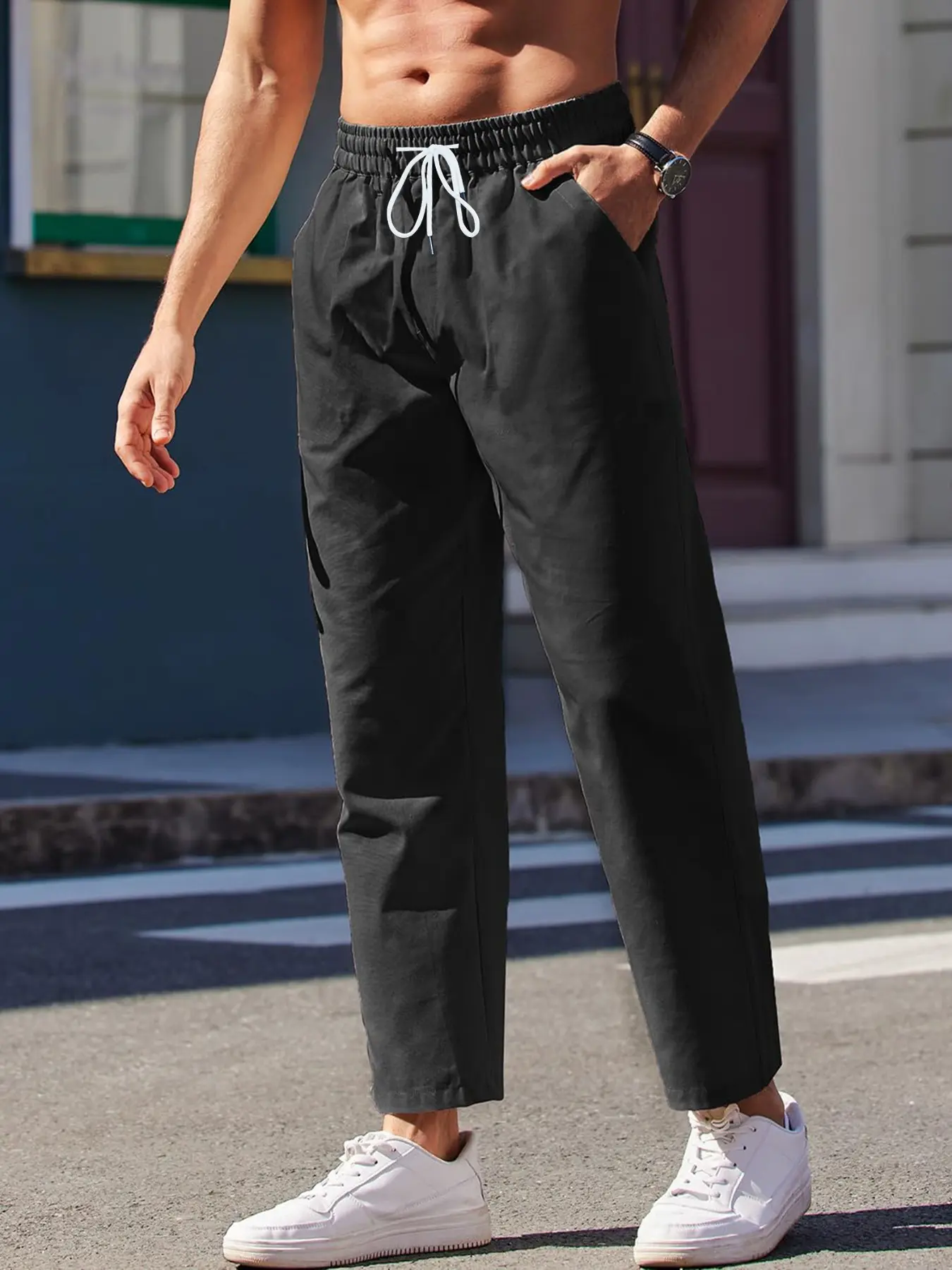 Men's Solid Color Drawstring Plicated Pants, Regular Fit Casual Comfy Pocket Elastic Waist Casual Streetwear Trousers for Daily Wear, Woven Bottoms for All Seasons, Casual Loose Comfy