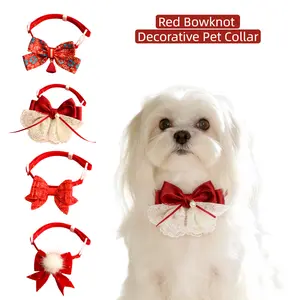 Pet Chinese New Year Bow Tie Collar, Pet Decorative Collar, Red Lucky Embroidered Tassel Necklace for Cats & Dogs, Silent No Bell, Stylish Pet Decorative Accessories, Spring Festival Festive Decor, Traditional Oriental Style Pet Accessories