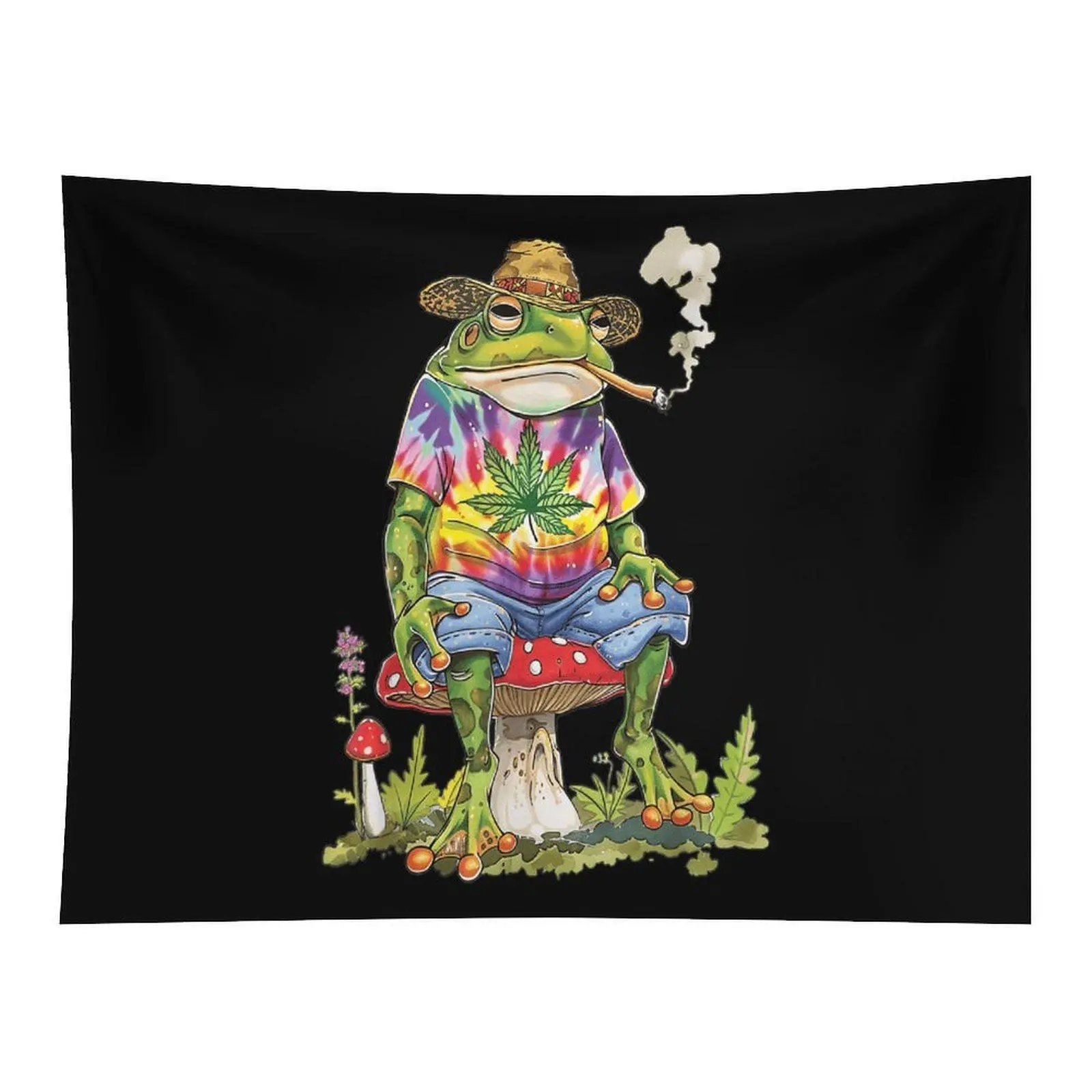Black Background Tie-Dye Stoner Frog on Red Mushroom Cartoon Wall Tapestry Hanging, Trippy Cannabis Chill Frog Retro Sketch Wall Art Decor for 420 Lounge Bedroom Dorm Party Ornament