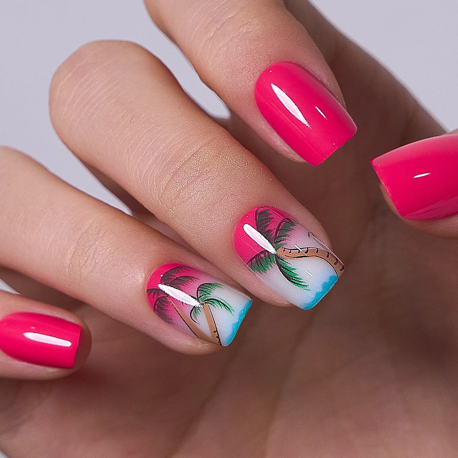 Island Glow Tropical Press-On Nails – Bright Pink Base with Palm Tree and Beach Sunset Design, Long-Lasting Reusable False Nail Set, Easy to Apply, Perfect for Summer Vacations, Beach Parties, Festivals, and Fun Everyday Tropical Manicure Styles
