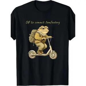 Men's Humorous Off to Commit Tomfoolery Frog Scooter Retro TShirt Casual Short Sleeve Tee with Frog Riding Scooter Graphic Comfortable and Machine Washable