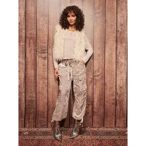 Velvet Cargo Pant in Pearl Grey - Wide Leg, Fitted Design, Comfortable Polyester and Spandex Blend for Women