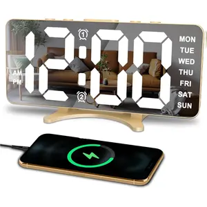 Alarm Clocks for Bedrooms, LED Mirror Digital Clock, Large Display with Dimming Mode, Dual Alarms & USB Ports, 4 Levels Brightness&2 Levels Volume, Desk Clock for Office Home Living Room Decor, Gold Gift Set led clock