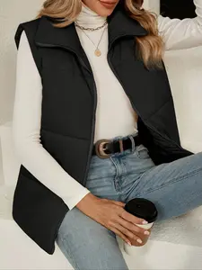 Women's Solid Zip Up Puffer Vest Coat, Zip Up Coats, Casual Sleeveless Thermal Lined Outerwear for Fall & Winter, Women's Clothing for Daily Wear