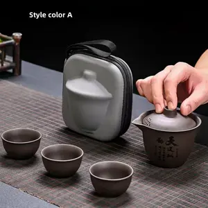 Portable Ceramic Tea Set with Travel Bag, Includes 3 Cups & Towel, Ideal for Home Office Restaurant Use, Chinese Gongfu Teapot Kit