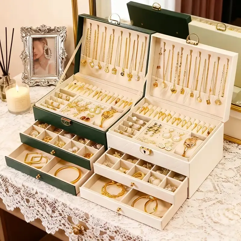 Women's Large Jewelry Box with Locking Drawers, Lockable Jewelry Organizer, Lockable Storage Boxes, Three-Layer Storage Bag, Holds Accessories and Cosmetics, Perfect Gift