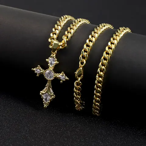 14K Gold Plated Male Crucifix Cross Necklace - Tarnish-Proof Rhinestone Faith Pendant, Twisted Rope Chain, Hypoallergenic Costume Jewelry, Daily Hip Hop Accessory, Easter Gift, Gold Necklaces