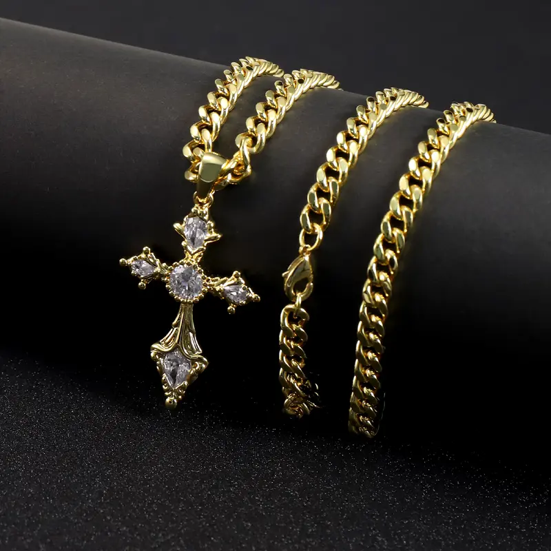 14K Gold Plated Male Crucifix Cross Necklace - Tarnish-Proof Rhinestone Faith Pendant, Twisted Rope Chain, Hypoallergenic Costume Jewelry, Daily Hip Hop Accessory, Easter Gift, Gold Necklaces