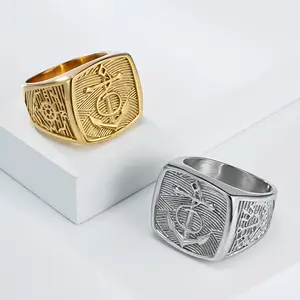 Men's retro hip-hop style stainless steel electroplated carved boat anchor sailor ring fashionable and colorfast courage ring