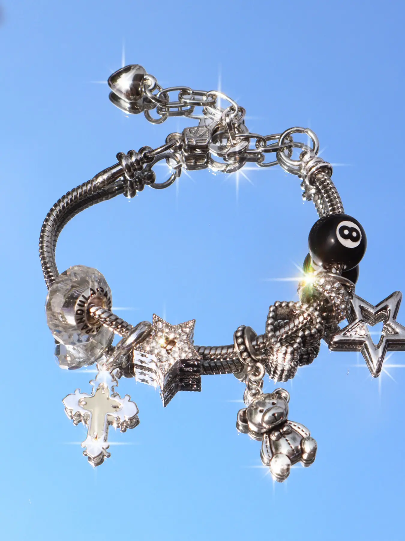 8-Ball Charm Chain Bracelet, American Streetwear Vintage Star Bracelet, Retro Heart Star Bracelet, Heart Design Bracelet, Unique Fashion Accessory, Fashionable Bracelet Style