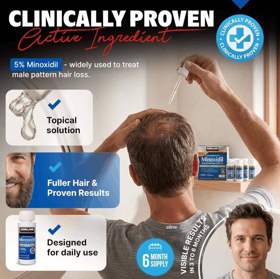 KIRKLAND Men's Special Minoxidil Hair Growth Solution, 5% Topical Solution, 6-Month Supply - Includes Dropper and Free Instructions