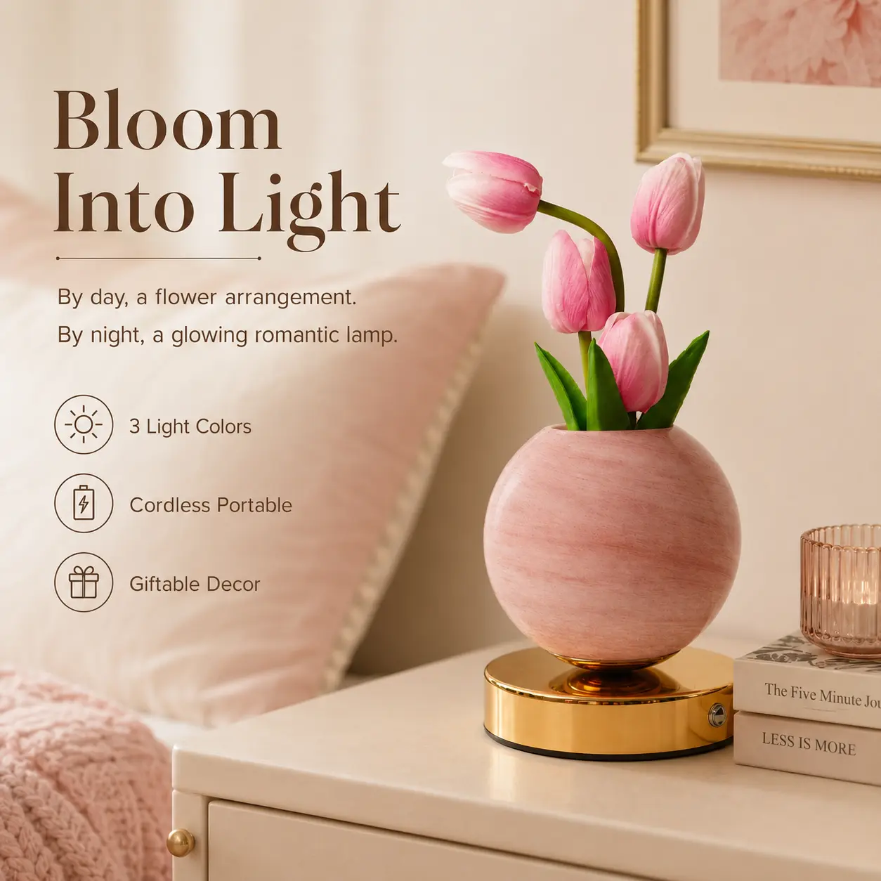 Tulip Night Light, USB-C Rechargeable Artificial Flower Table Lamp with 3 Light Modes, Cordless Bedside Mood Lamp for Bedroom, Home Decor, Mother’s Day, Valentine’s Day & Birthday Gifts